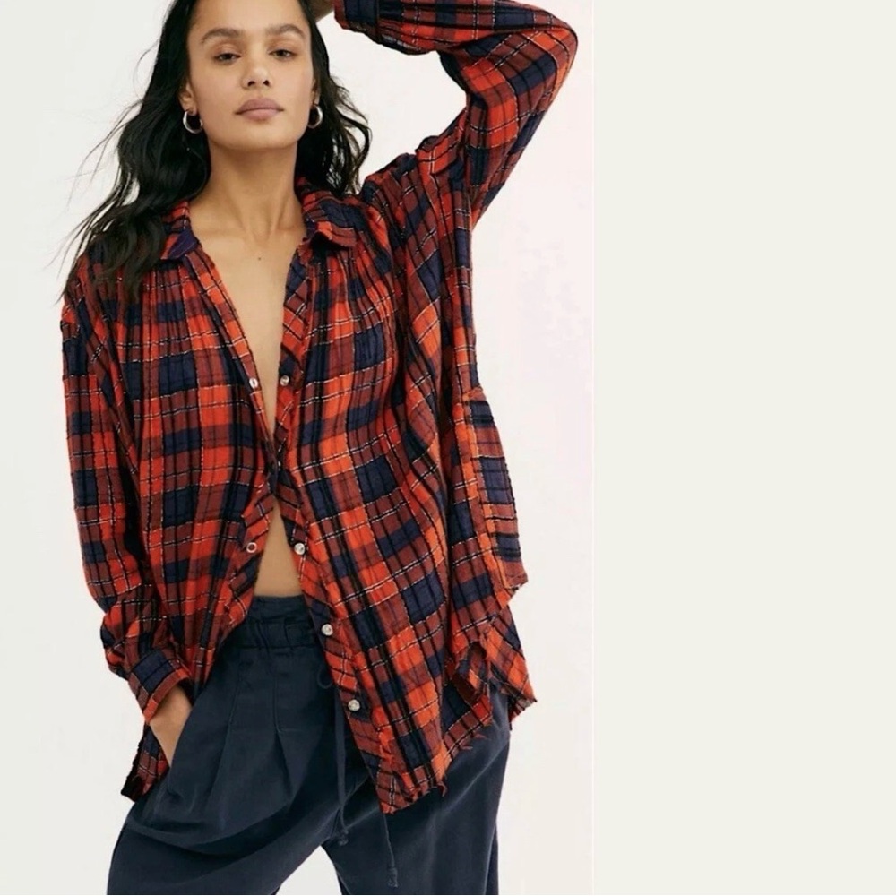 Free People Lela Plaid Buttondown Metallic Tunic Shirt Red Black XS‎